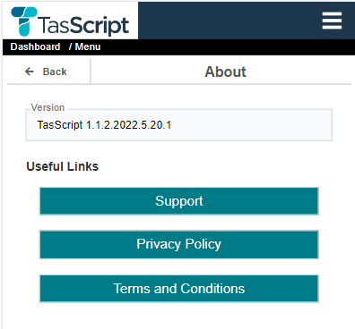 the about window for Tas Script